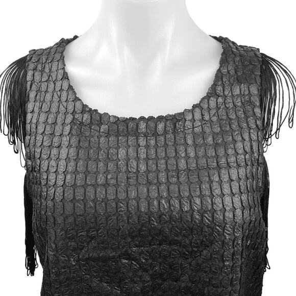 Design Lab Black Textured Sleeveless Fringe Crewneck Chic Tunic Tank Top Size M - Picture 4 of 6